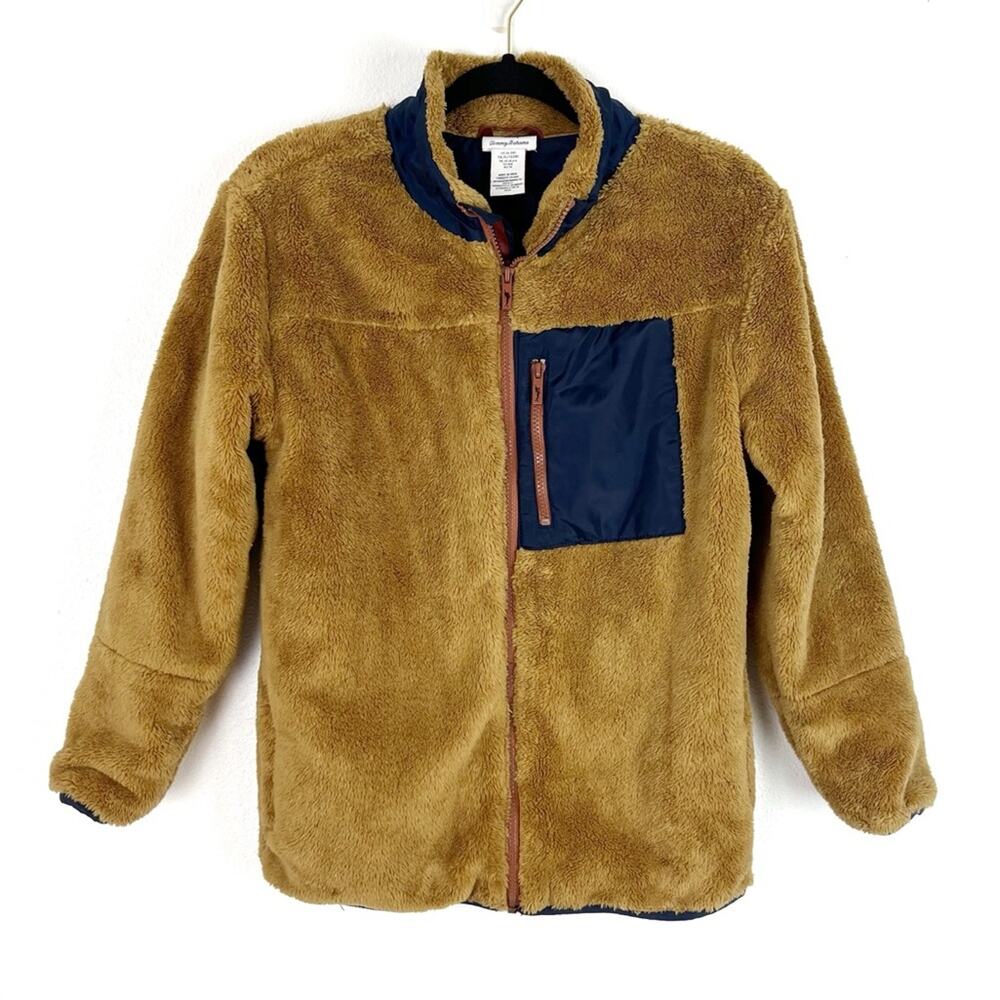Tommy Bahamas Boys Faux Fur Jacket Fleece Full Zip Tan & Blue